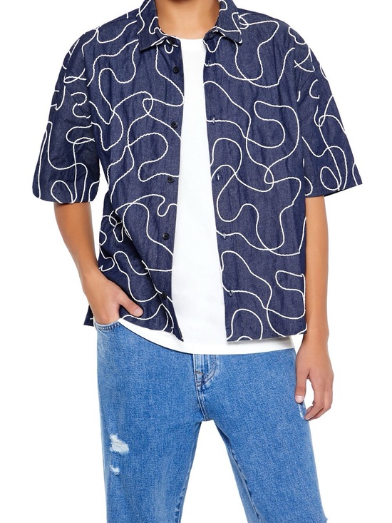 Forever 21 Other - Forever 21 Navy Short-Sleeve Button-Up with White Swirl Print